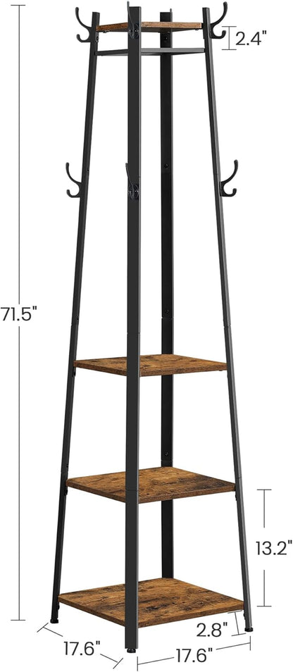 VASAGLE Coat Rack, Coat Stand with 3 Shelves, Hall Tree Free Standing with Hooks for Scarves, Bags, Umbrellas, Steel Frame, Industrial Style, for Entryway, Living Room, Rustic Brown and Black ULCR80X | Coat Hanger Stand, for Clothes, Hat, Bag, Modern Basic, Rustic Brown and Black, BARNET Collection ULCR80X