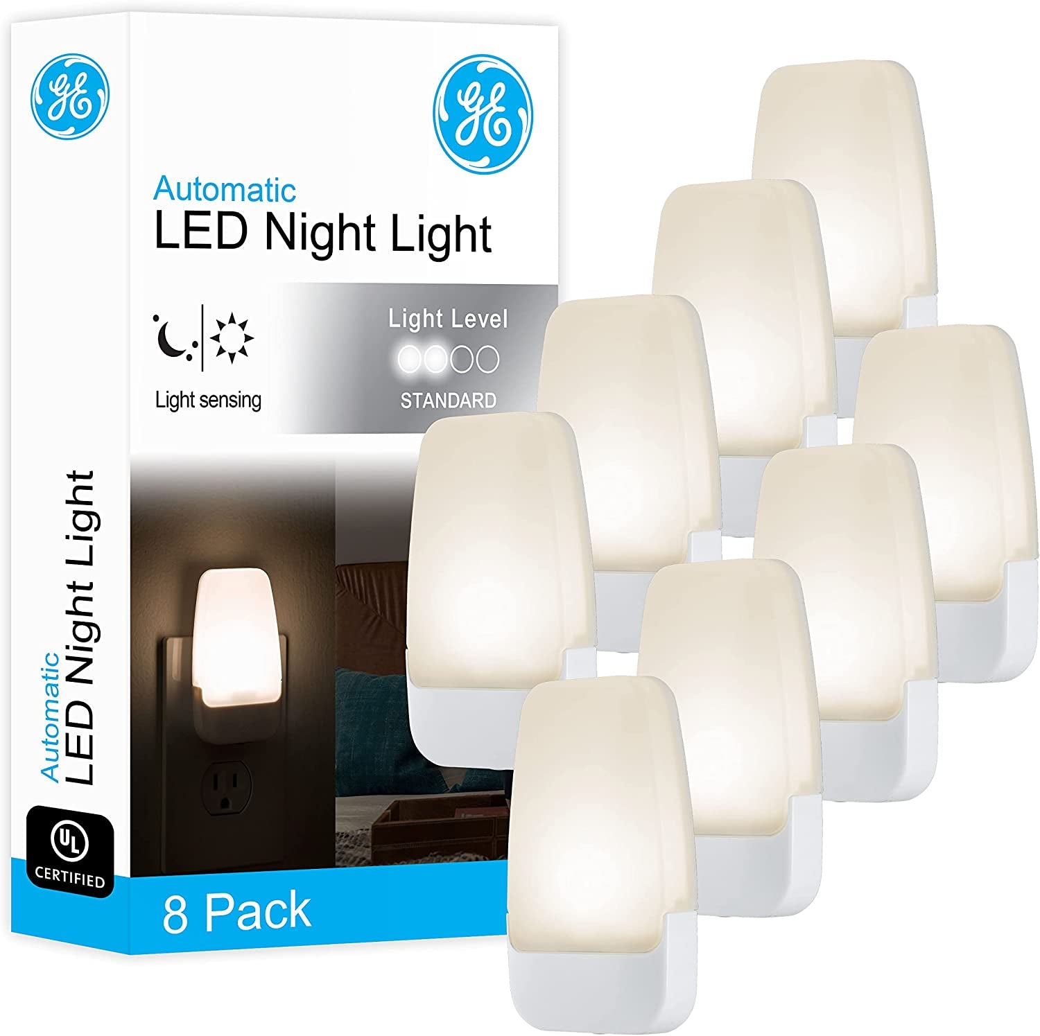 GE Plug in Night Light with Dusk to Dawn Sensor, 8 Pack | Night Lights Plug into Wall, Warm White 3000K Light for Bedroom, Bathroom, and Nursery, UL Certified, Energy Efficient
