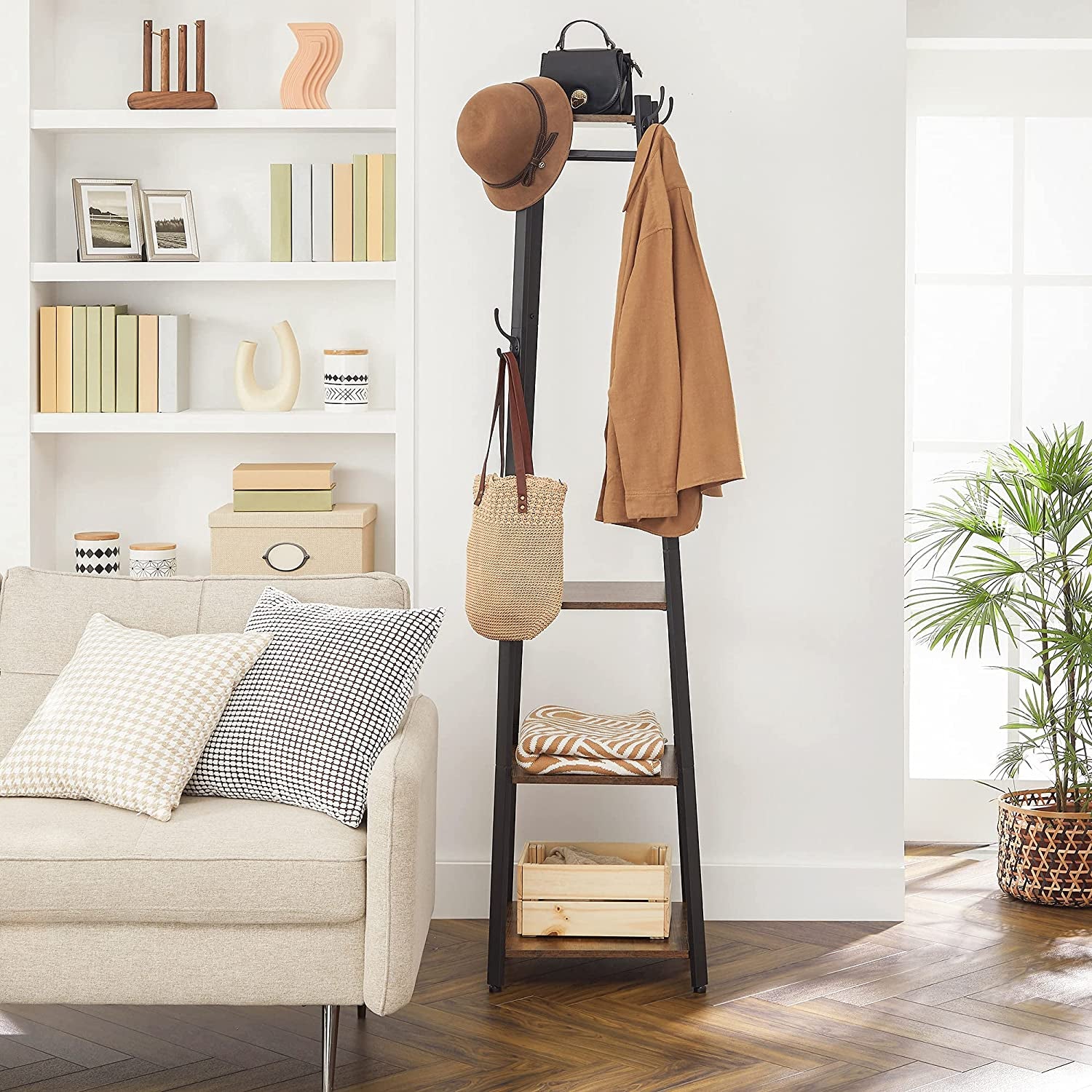 VASAGLE Coat Rack, Coat Stand with 3 Shelves, Hall Tree Free Standing with Hooks for Scarves, Bags, Umbrellas, Steel Frame, Industrial Style, for Entryway, Living Room, Rustic Brown and Black ULCR80X | Coat Hanger Stand, for Clothes, Hat, Bag, Modern Basic, Rustic Brown and Black, BARNET Collection ULCR80X
