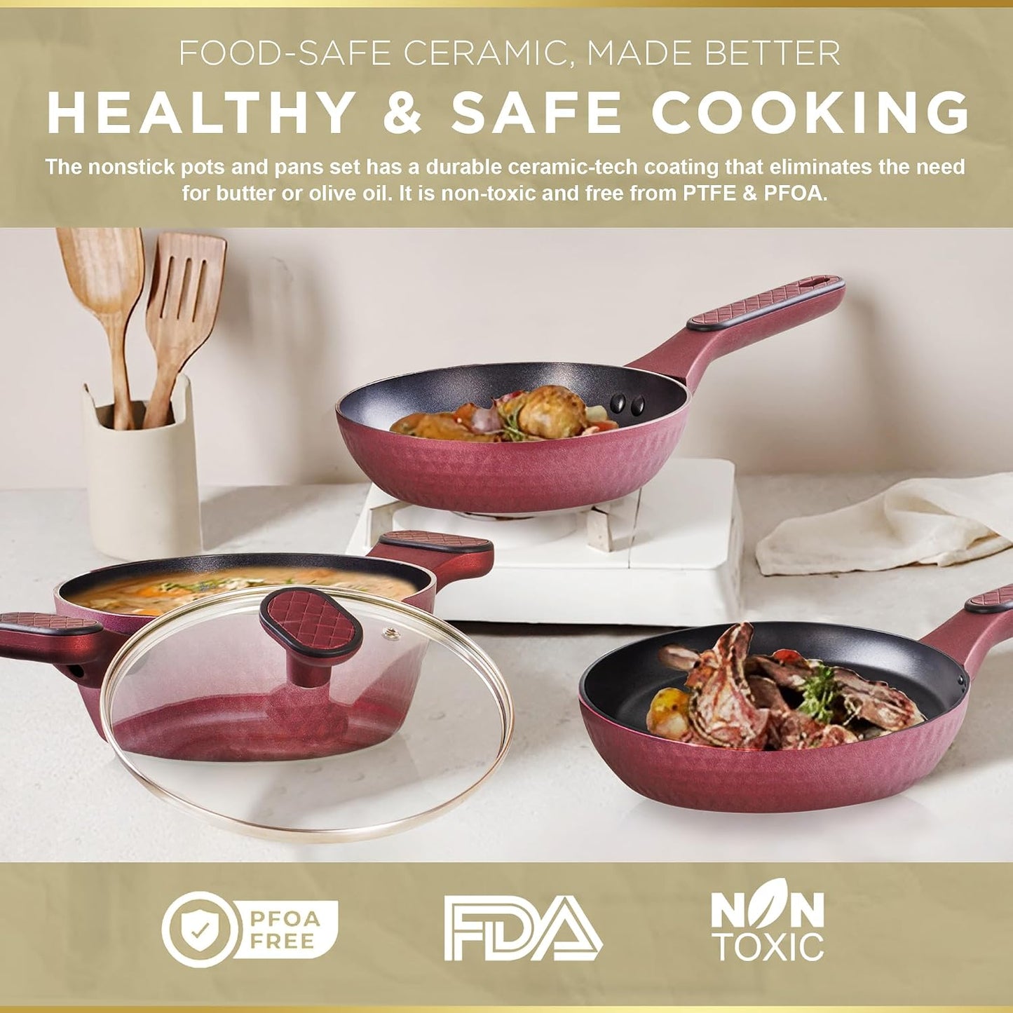 4 Piece Nonstick Cookware Set, Small Pots and Pans Set Non Stick with Glass Lid, Induction Cookware, Stay Cool Handle, PTFE/PFOA, Kitchen Cookware 4-Piece with Frying Pans Set & Saucepan