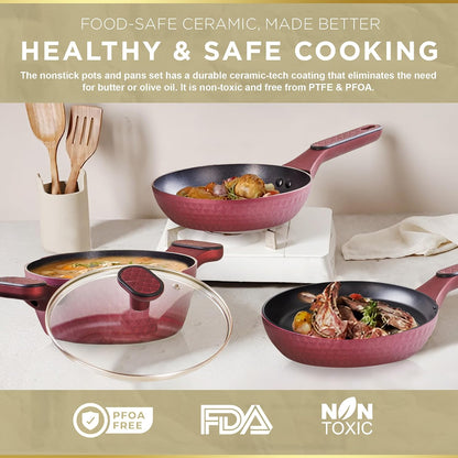 4 Piece Nonstick Cookware Set, Small Pots and Pans Set Non Stick with Glass Lid, Induction Cookware, Stay Cool Handle, PTFE/PFOA, Kitchen Cookware 4-Piece with Frying Pans Set & Saucepan
