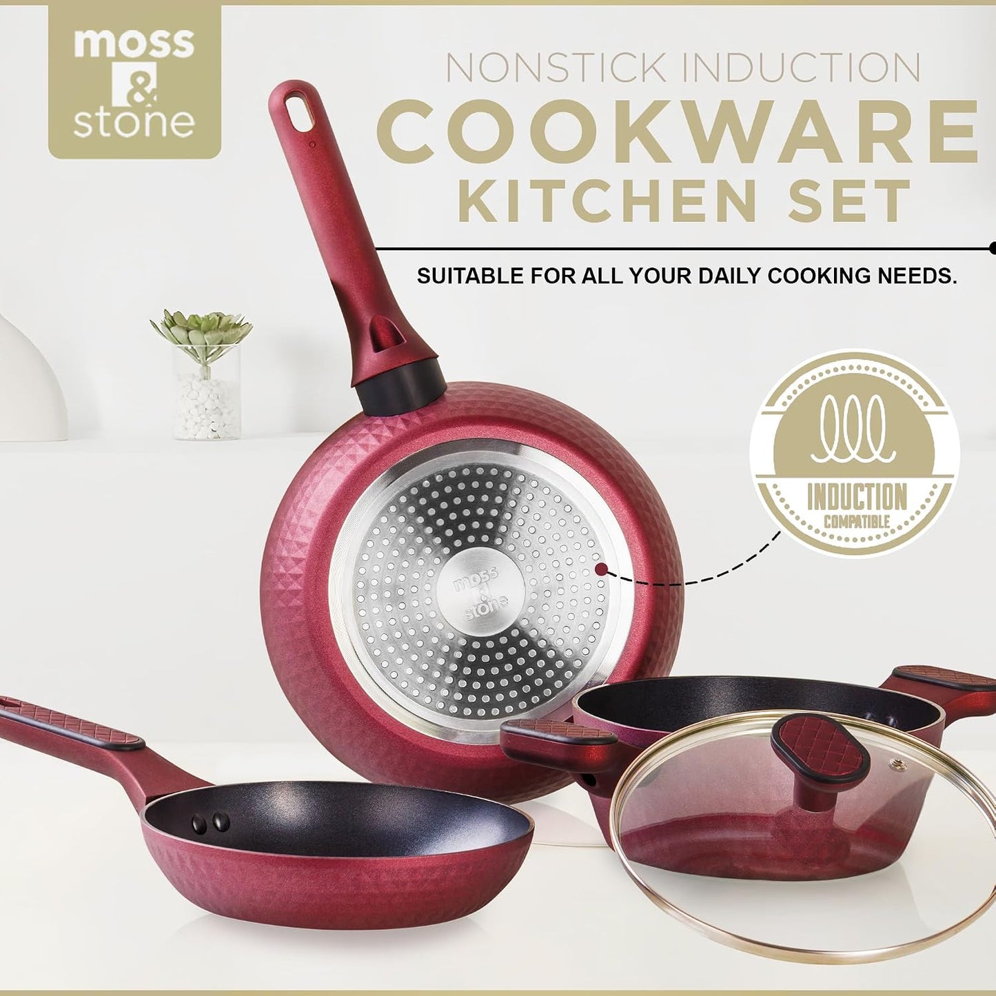 4 Piece Nonstick Cookware Set, Small Pots and Pans Set Non Stick with Glass Lid, Induction Cookware, Stay Cool Handle, PTFE/PFOA, Kitchen Cookware 4-Piece with Frying Pans Set & Saucepan