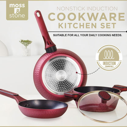 4 Piece Nonstick Cookware Set, Small Pots and Pans Set Non Stick with Glass Lid, Induction Cookware, Stay Cool Handle, PTFE/PFOA, Kitchen Cookware 4-Piece with Frying Pans Set & Saucepan