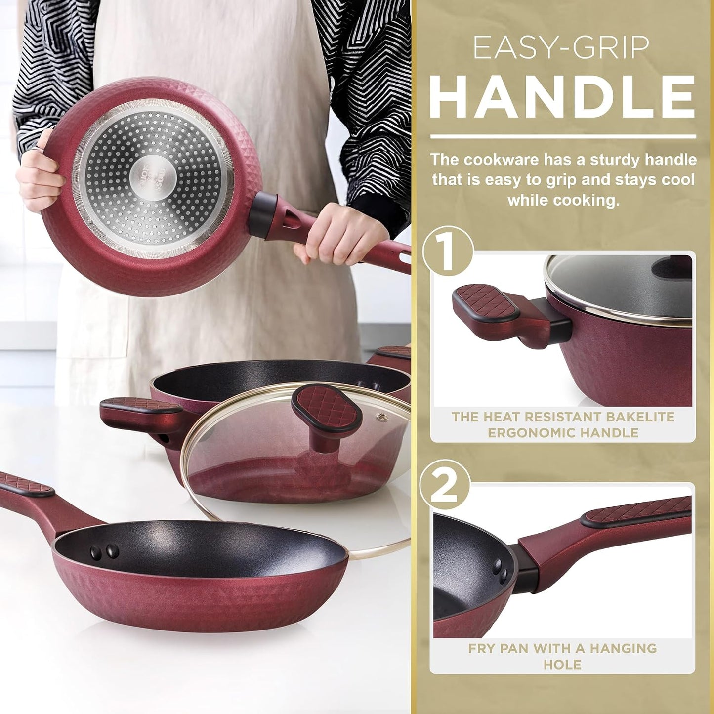 4 Piece Nonstick Cookware Set, Small Pots and Pans Set Non Stick with Glass Lid, Induction Cookware, Stay Cool Handle, PTFE/PFOA, Kitchen Cookware 4-Piece with Frying Pans Set & Saucepan