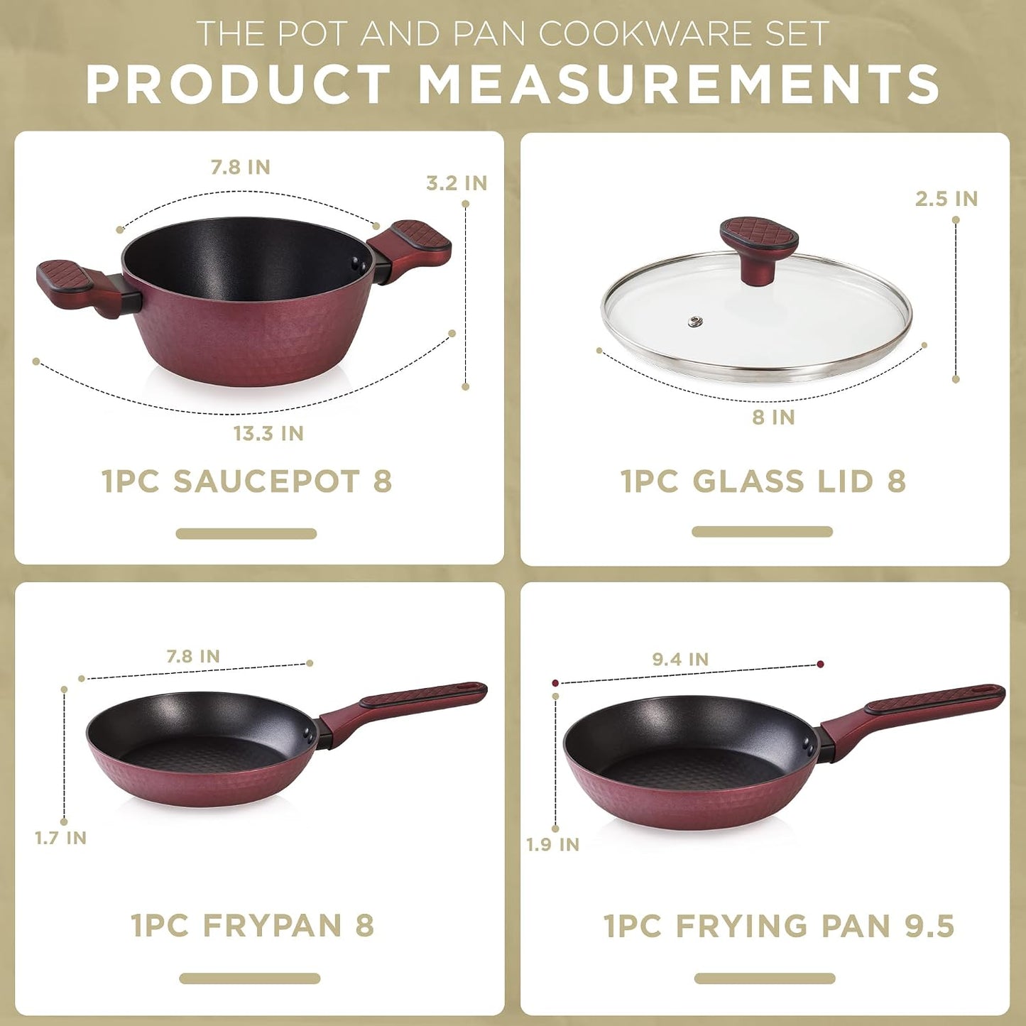 4 Piece Nonstick Cookware Set, Small Pots and Pans Set Non Stick with Glass Lid, Induction Cookware, Stay Cool Handle, PTFE/PFOA, Kitchen Cookware 4-Piece with Frying Pans Set & Saucepan