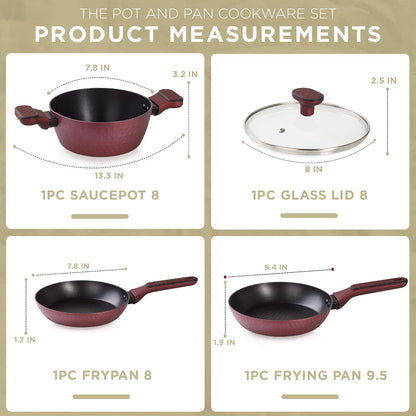 4 Piece Nonstick Cookware Set, Small Pots and Pans Set Non Stick with Glass Lid, Induction Cookware, Stay Cool Handle, PTFE/PFOA, Kitchen Cookware 4-Piece with Frying Pans Set & Saucepan
